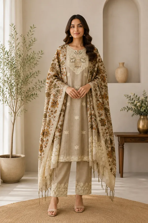 Beige_Cotton_Chanderi_Linen_Jamdani_Embroidered_Kalamkari_Kurti_Set_For_Women