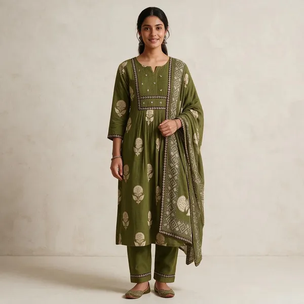 Olive_Green_Mulmul_Cotton_Hand_Block_Printed_Unstitched_Kurti_Set_For_Women