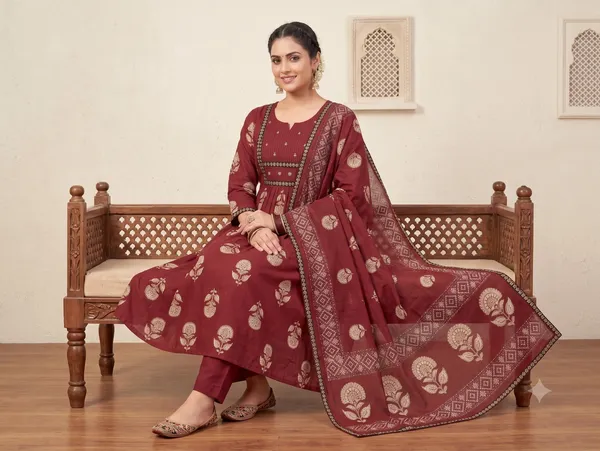 Dark_Red_Pure_Mulmul_Cotton_Hand_Block_Printed_3-Piece_Kurti_Set_For_Women