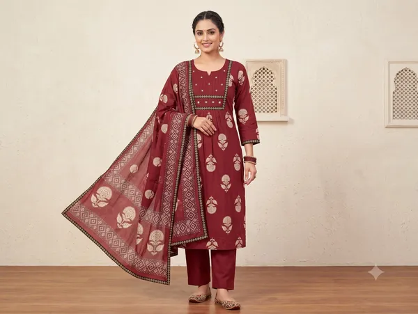 Dark_Red_Pure_Mulmul_Cotton_Hand_Block_Printed_3-Piece_Kurti_Set_For_Women