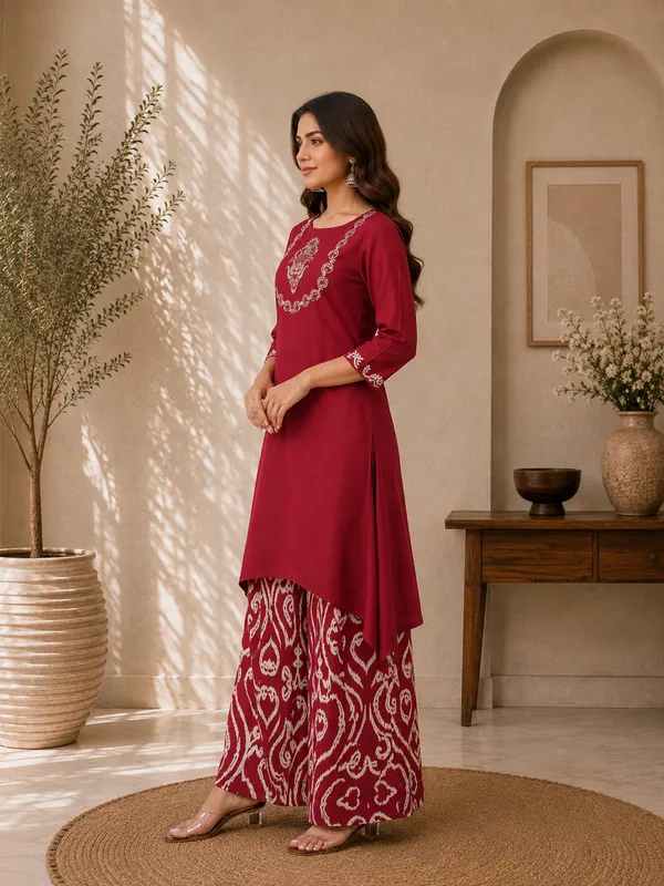 The_Royal_Maroon_Gajji_Silk_Asymmetric_Kurta_Set_With_Printed_Sharara_62115