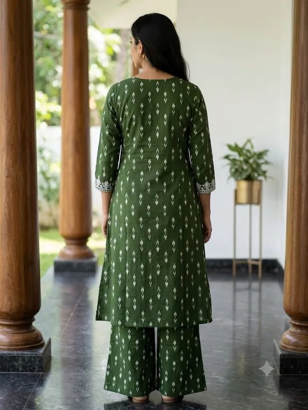 Forest_Green_Ikat_Printed_Amp_Embroidered_Cotton_Kurta_Palazzo_Set_02530