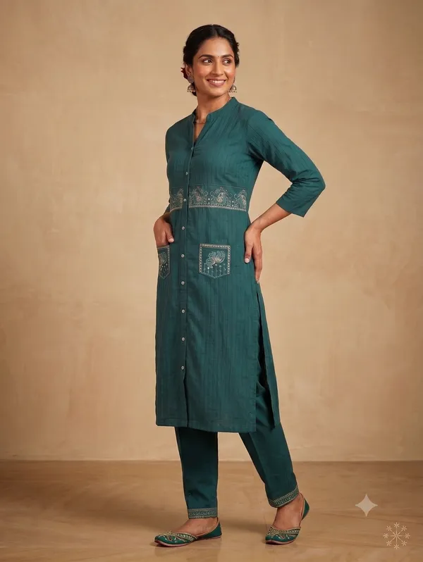 The_Zarina_Suvi_Slub_2_Piece_Embroidered_Kurta_Trouser_Set_In_Deep_Peacock_Teal_62124