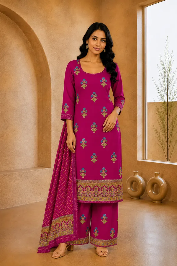 Royal_Magenta_Pink_Hand_Block_Printed_Modal_Silk_3_Piece_Unstitched_Churidar_Dress_Material_Set_With_Shantoon_Bottom_Fs1879