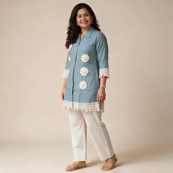 Turquoise_Vetican_Floral_Applique_Tunic_Co-Ord_Set_For_Women