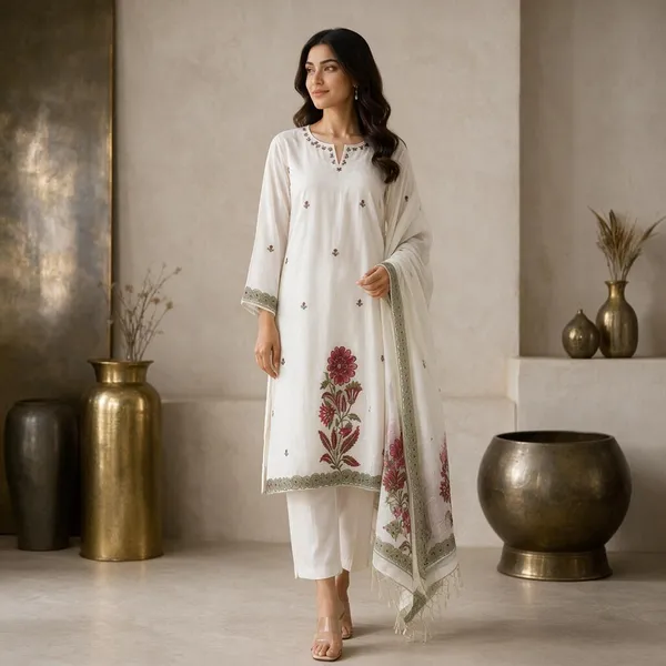 White_Cotton_Linen_Jamdani_Floral_Glass_Work_3-Piece_Kurti_Set_For_Women