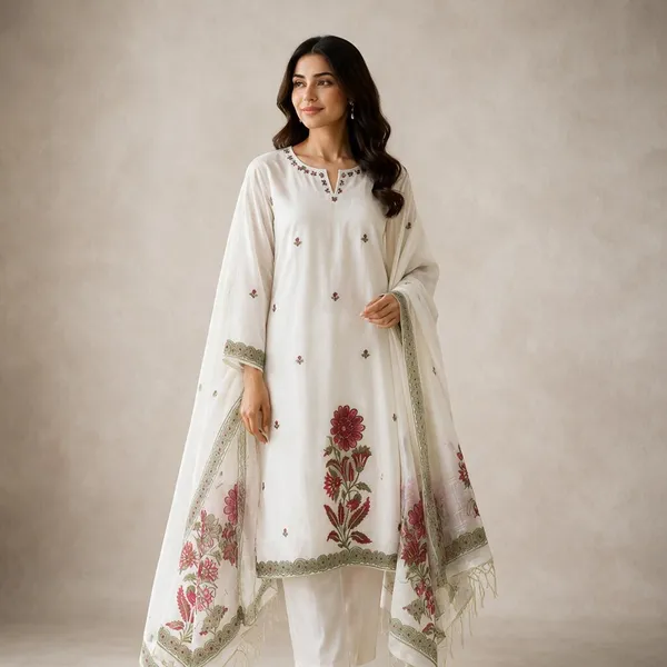 White_Cotton_Linen_Jamdani_Floral_Glass_Work_3-Piece_Kurti_Set_For_Women