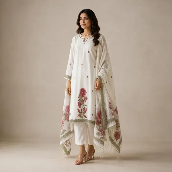 White_Cotton_Linen_Jamdani_Floral_Glass_Work_3-Piece_Kurti_Set_For_Women