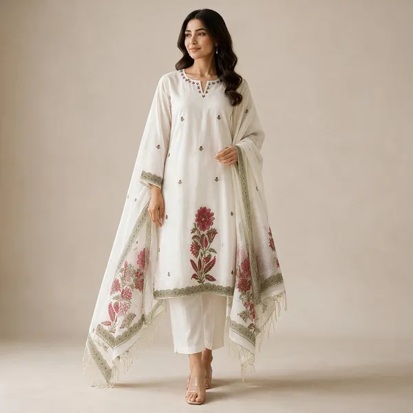 White_Cotton_Linen_Jamdani_Floral_Glass_Work_3-Piece_Kurti_Set_For_Women