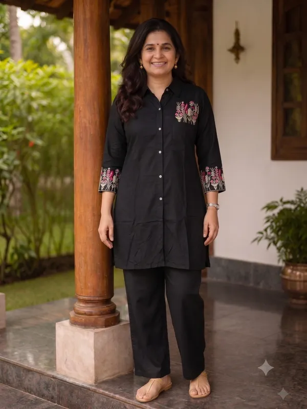 Noir_Floral_Embroidered_Collared_Shirt_Tunic_Amp_Trousers_Set_In_24kg_Rayon_02029