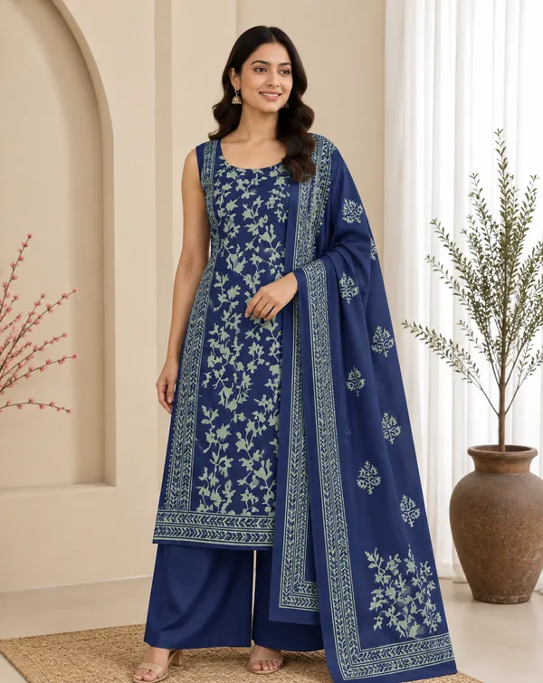 Indigo_Navy_Foliage_Hand_Block_Printed_Pure_Cotton_3_Piece_Unstitched_Churidar_Dress_Material_Set_With_Cotton_Dupatta_Fs2085