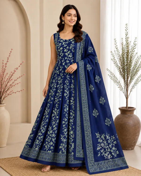 Indigo_Navy_Foliage_Hand_Block_Printed_Pure_Cotton_3_Piece_Unstitched_Churidar_Dress_Material_Set_With_Cotton_Dupatta_Fs2085