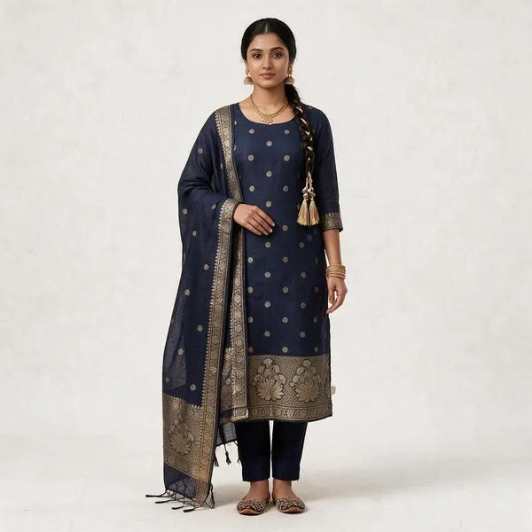Navy_Blue_Chanderi_Linen_Zari_Woven_Unstitched_Kurti_Set_For_Women