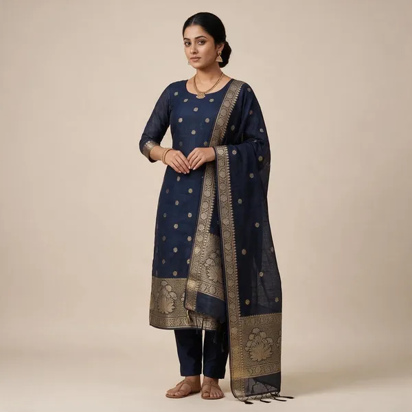 Navy_Blue_Chanderi_Linen_Zari_Woven_Unstitched_Kurti_Set_For_Women