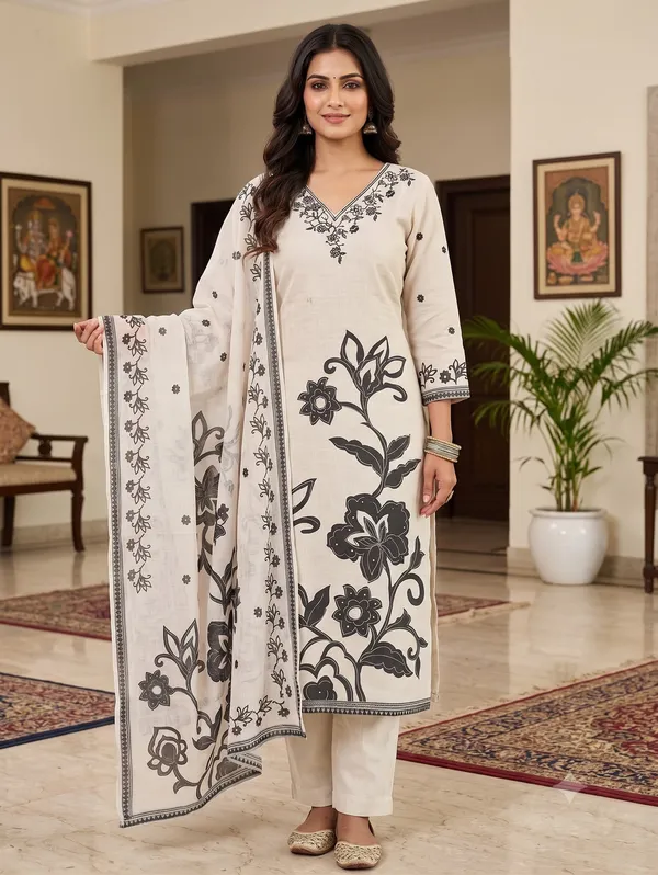 The_Kaveri_Linon_Cotton_3_Piece_Botanical_Kurta_Set_With_Dupatta_In_Ethereal_Ivory_Charcoal_Black_62122a