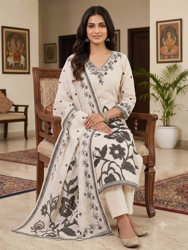 The_Kaveri_Linon_Cotton_3_Piece_Botanical_Kurta_Set_With_Dupatta_In_Ethereal_Ivory_Charcoal_Black_62122a