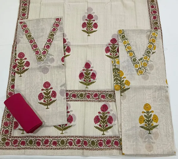 Off_White_Amp_Rani_Pink_Floral_Hand_Block_Print_Chanderi_Mirror_Work_3_Piece_Unstitched_Churidar_Dress_Material_Set_With_Cotton_Bottom_Fs2086