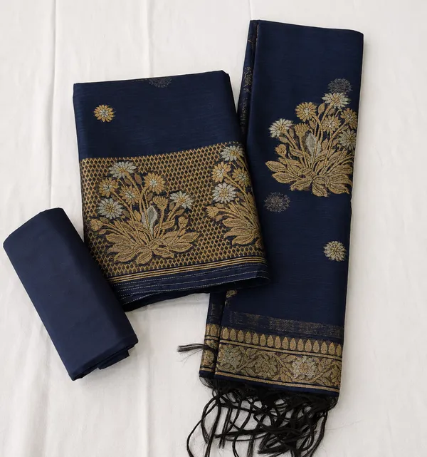 Royal_Midnight_Navy_Chanderi_Linen_Jamdani_Zari_Weaving_3_Piece_Unstitched_Churidar_Dress_Material_Set_Fs281d