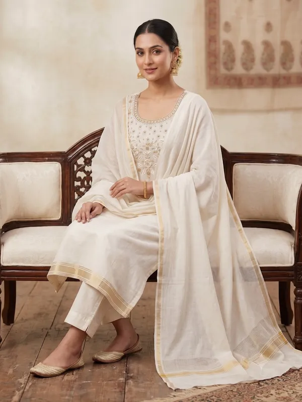 Off_White_Hand_Embroidered_Kota_Silk_3_Piece_Churidar_Suit_Material_With_Gota_Patti_Dupatta_Fs200b