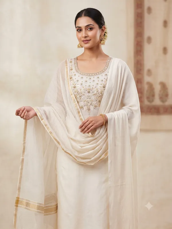 Off_White_Hand_Embroidered_Kota_Silk_3_Piece_Churidar_Suit_Material_With_Gota_Patti_Dupatta_Fs200b