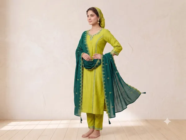 The_Firdaus_Vetivan_3_Piece_Embroidered_Kurta_Trouser_Set_With_Scalloped_Contrast_Dupatta_In_Chartreuse_Lime_Forest_Emerald_62129