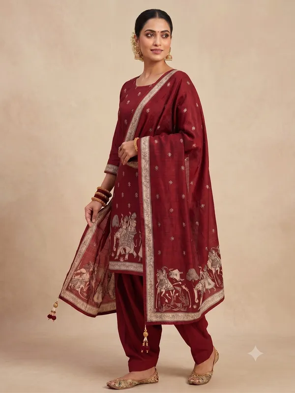Royal_Semi_Tussar_Silk_Heritage_Royal_Procession_Digital_Print_3_Piece_Unstitched_Churidar_Dress_Material_Set_With_Shantoon_Bottom_Fs1995a