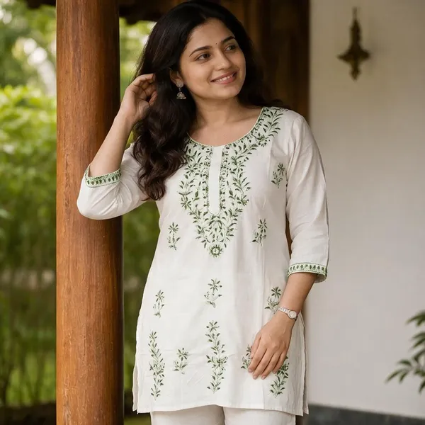 White_Heavy_Rayon_Embroidered_Tunic_Co-Ord_Set_For_Women