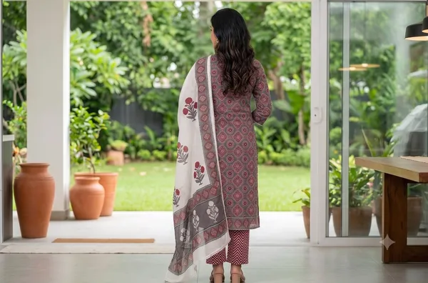 Charcoal_Grey_Amp_Crimson_Hand_Block_Printed_Pure_Cotton_3_Piece_Unstitched_Churidar_Dress_Material_Set_With_Chikankari_Mirror_Work_Yoke_Amp_Cotton_Dupatta_Fs2118