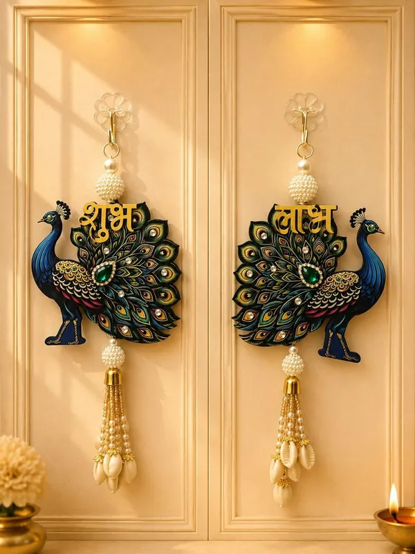 Mdf_Traditional_Peacock_Shubh_Labh_Wall_Hanging_Set_Pack_Of_2