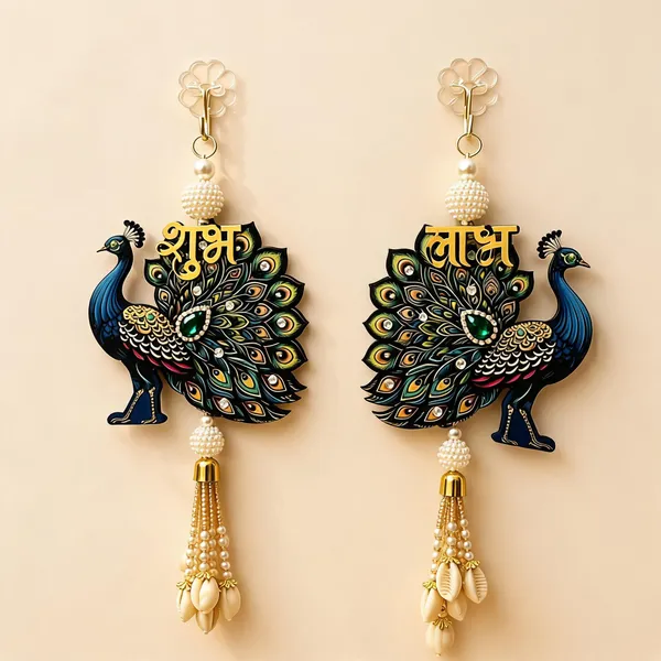 Mdf_Traditional_Peacock_Shubh_Labh_Wall_Hanging_Set_Pack_Of_2