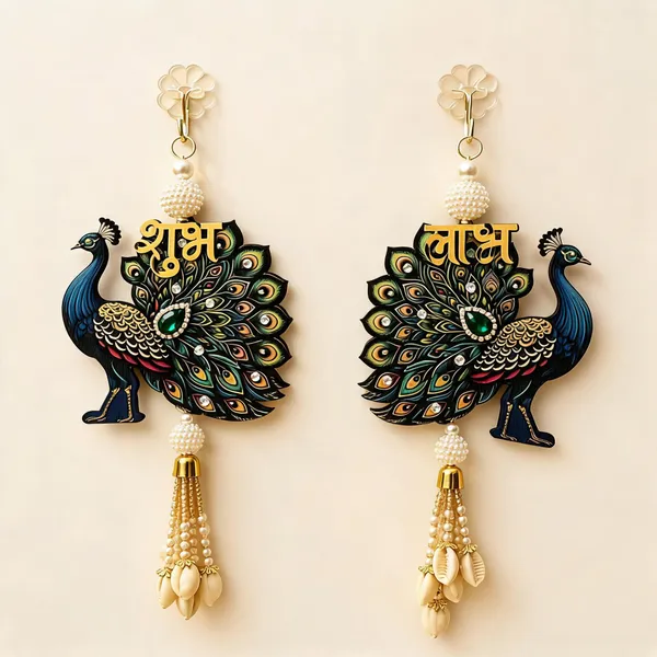 Mdf_Traditional_Peacock_Shubh_Labh_Wall_Hanging_Set_Pack_Of_2