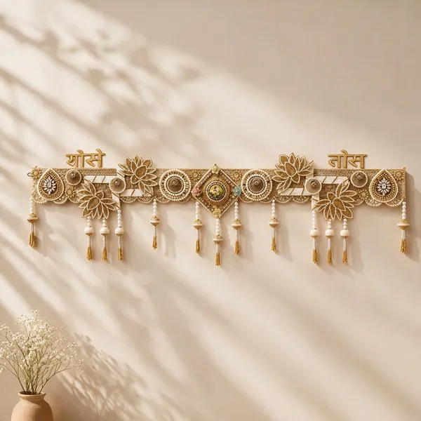Polyester_Festive_Floral_Shubh_Labh_Beaded_Gold_Tone_Door_Hanging