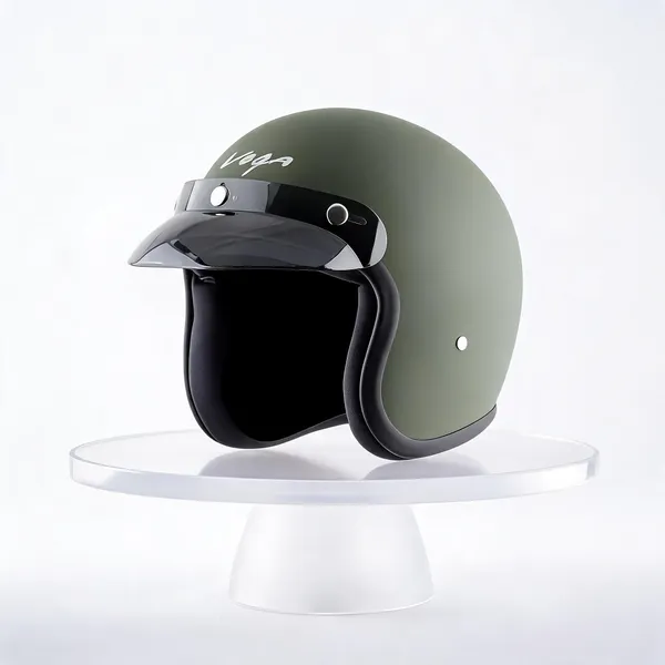 Vega_jet_with_peak_Olive_Green_Open_Face_Helmet_With_Smoke_Visor_For_Bikes