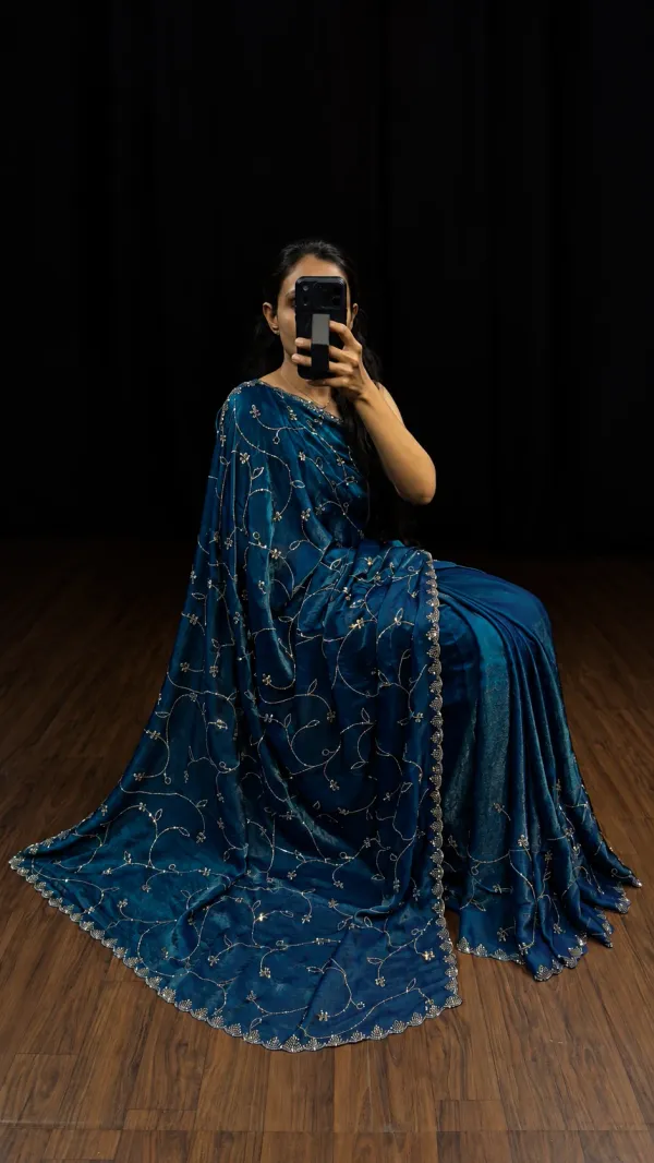 Peacock_Blue_Satin_Silk_Swarovski_Saree
