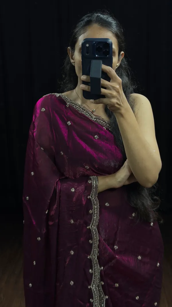 Wine_Saree_With_Cutdana_Sequence_Zari_Work_With_Unstitched_Blouse