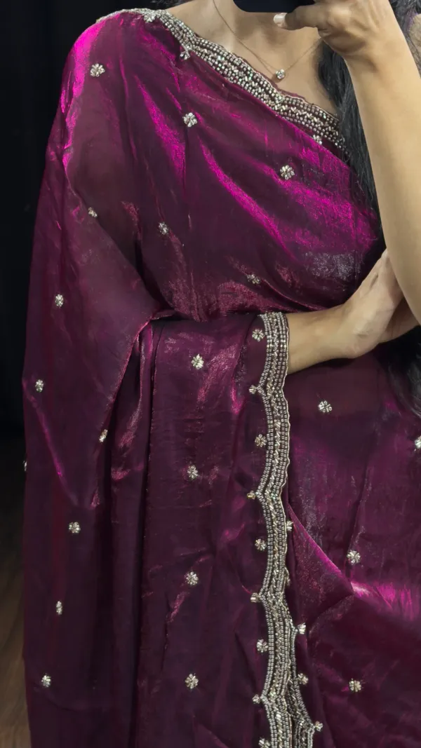 Wine_Saree_With_Cutdana_Sequence_Zari_Work_With_Unstitched_Blouse