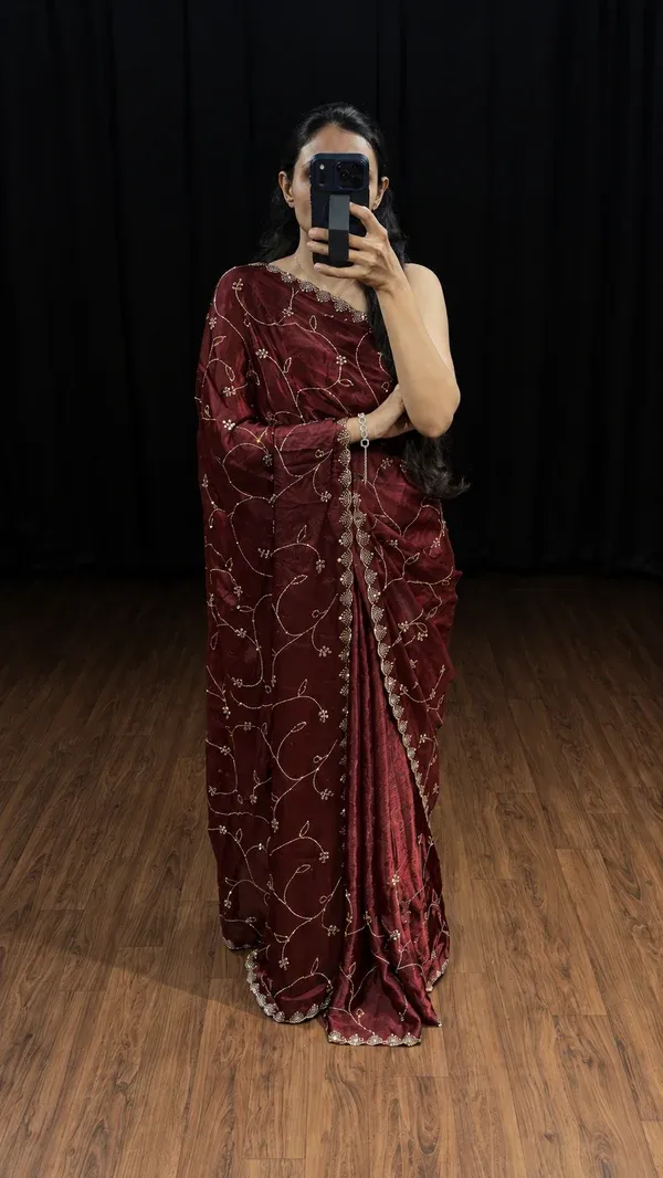 Maroon_Fendy_Satin_Silk_Saree_With_Swarovski_Work