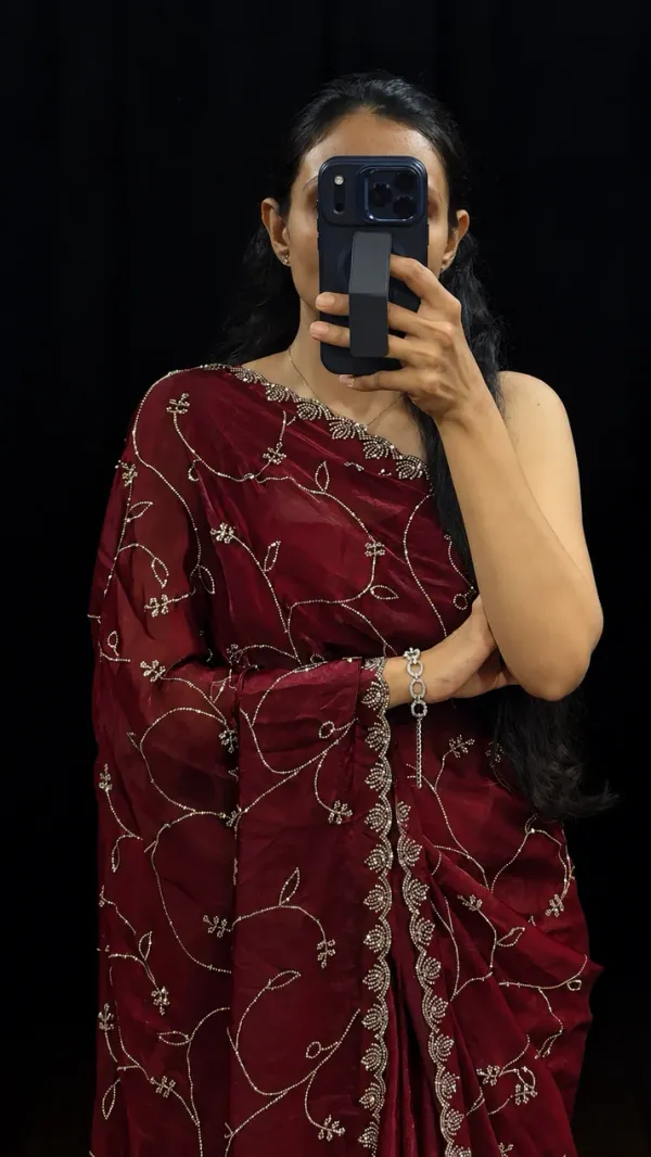 Maroon_Fendy_Satin_Silk_Saree_With_Swarovski_Work