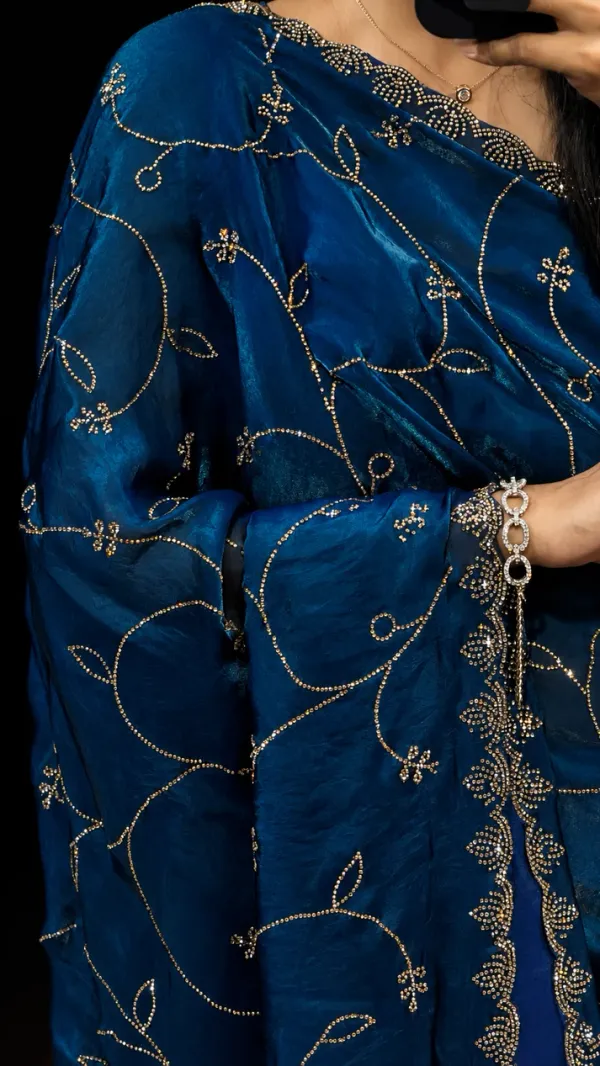 Peacock_Blue_Fendy_Satin_Silk_Saree_With_Swarovski_Work