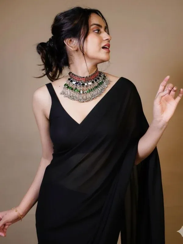 Premium_Black_Fendy_Satin_Ready_To_Wear_Saree_With_Unstitched_Blouse