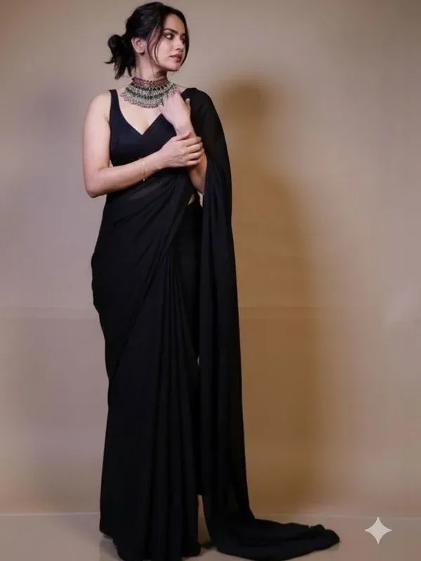 Premium_Black_Fendy_Satin_Ready_To_Wear_Saree_With_Unstitched_Blouse