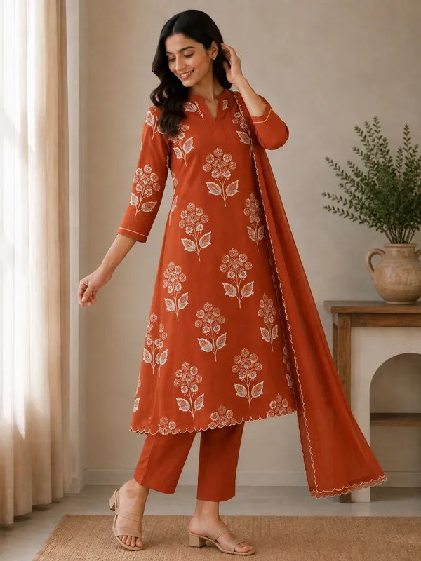 Orange_Mulchanderi_Printed_A_Line_3_Piece_Suit_Set