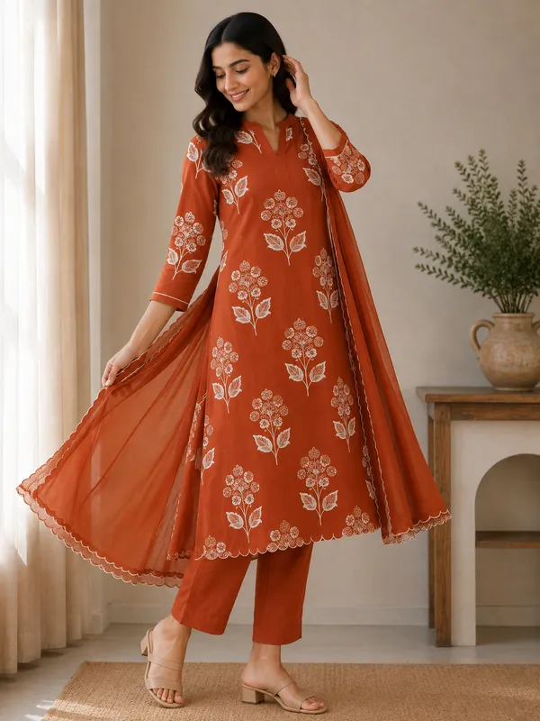 Orange_Mulchanderi_Printed_A_Line_3_Piece_Suit_Set