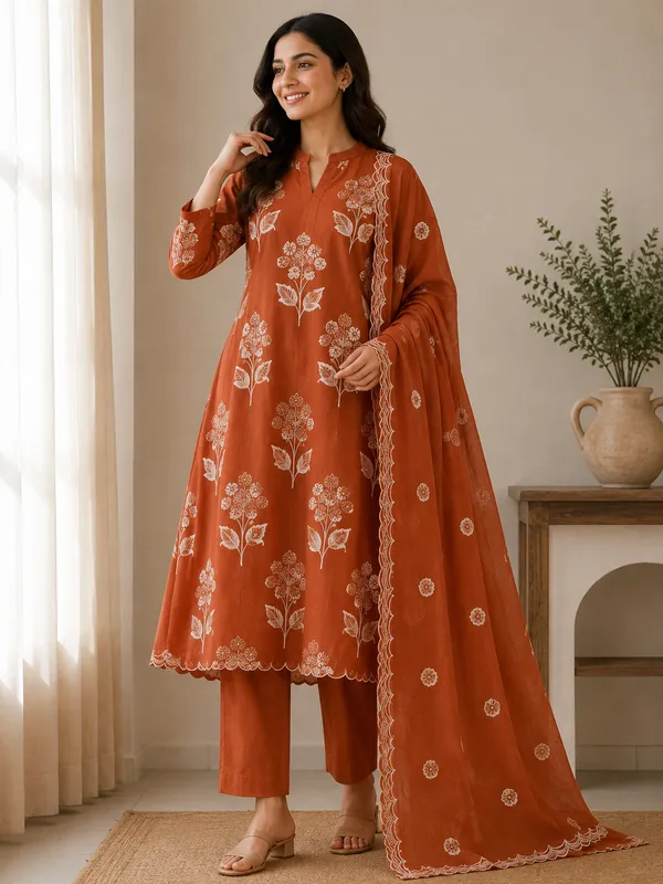 Orange_Mulchanderi_Printed_A_Line_3_Piece_Suit_Set