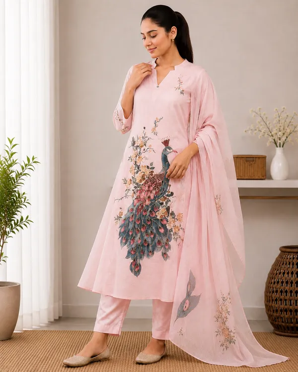 Peacock_Printed_Cotton_Kurta_Set_With_Dupatta