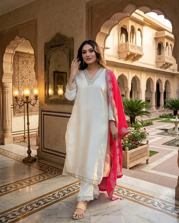 White_Ethnic_Kurta_Set_With_Pink_Dupatta_For_Women