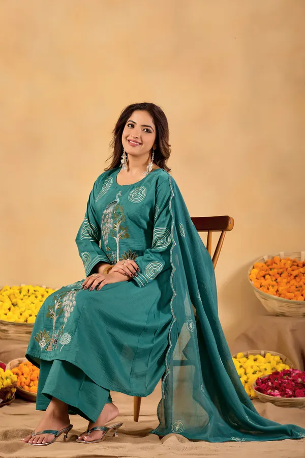 Teal_Cotton_Embroidered_Kurta_Palazzo_Dupatta_Set_For_Women