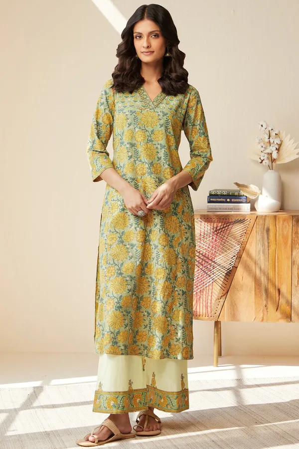 Green_Floral_Print_Straight_Kurta_Set_for_Women
