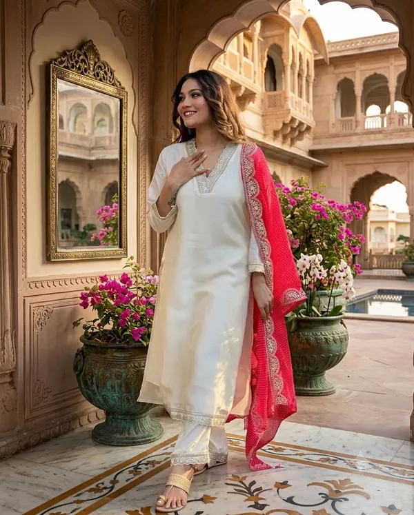 White_Ethnic_Kurta_Set_With_Pink_Dupatta_For_Women