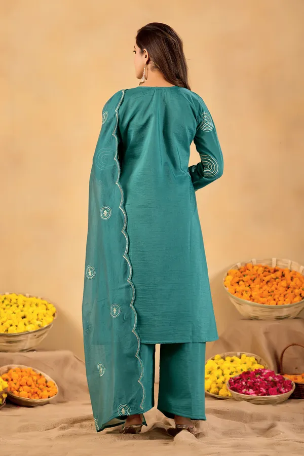 Teal_Cotton_Embroidered_Kurta_Palazzo_Dupatta_Set_For_Women